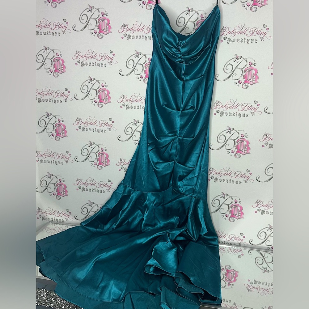 Juno dress formal silky satiny rutched shimmer strapless Elegant Teal Satin